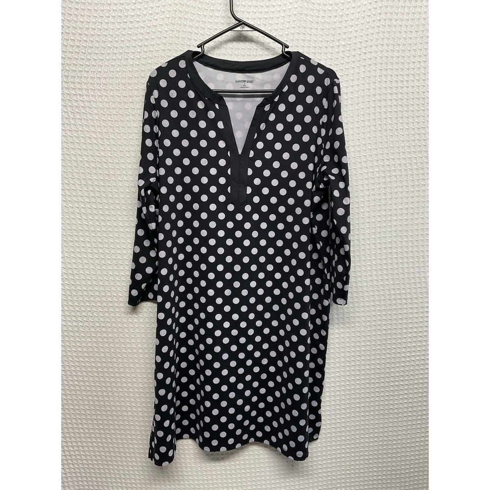 Lands End Dress Womens Sz Large Black White Polka Dot Pullover 3/4 Sleeve UPF50+